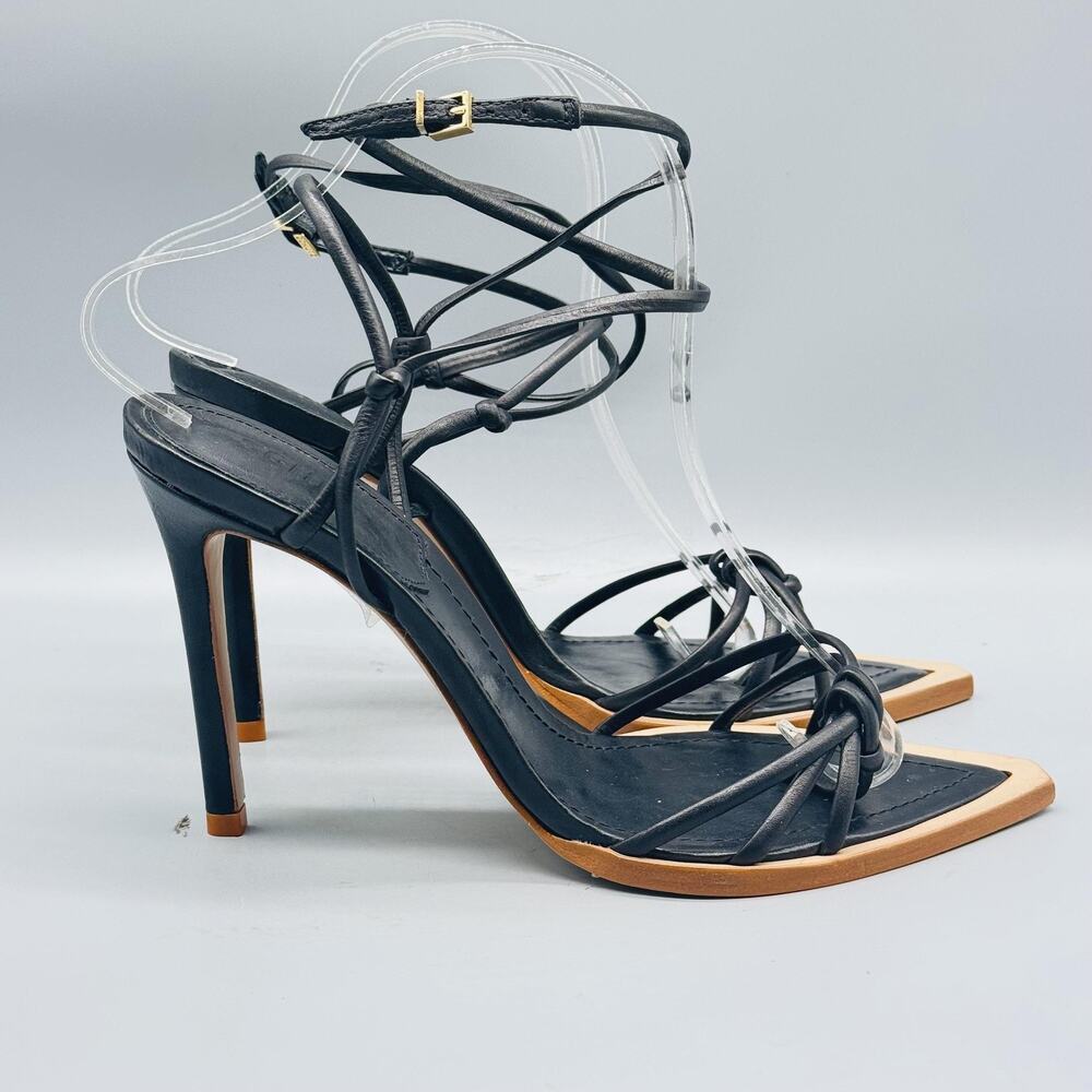 Schutz Sandals Womens 8 Black Leather Ankle Wrap Strappy Lace Up Stiletto Heels